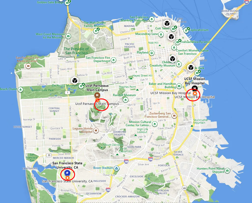 Map of San Francisco showing UCSF Mission Bay, UCSF Parnassus, and SFSU campuses